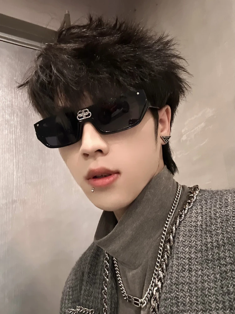 新款个性半框痞帅墨镜欧美潮流窄框方框太阳镜凹造型酷街拍嘻哈女