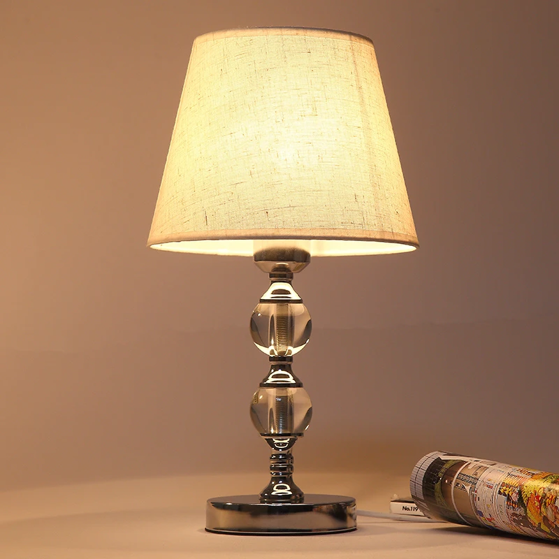 水晶台灯亚麻客厅卧室布艺台灯北欧床头灯美式现代简约温馨创意