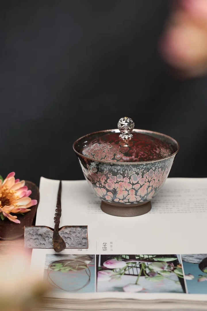 超薄胎电烧两才盖碗《蝶恋花》陶瓷纯手工大号复古家用手绘日式