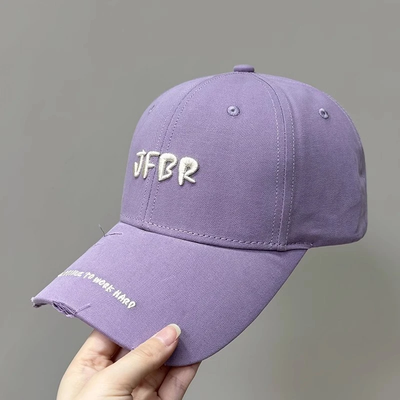 紫色鸭舌帽女2024新款春秋季字母帽子男款破洞韩国防晒硬顶棒球帽