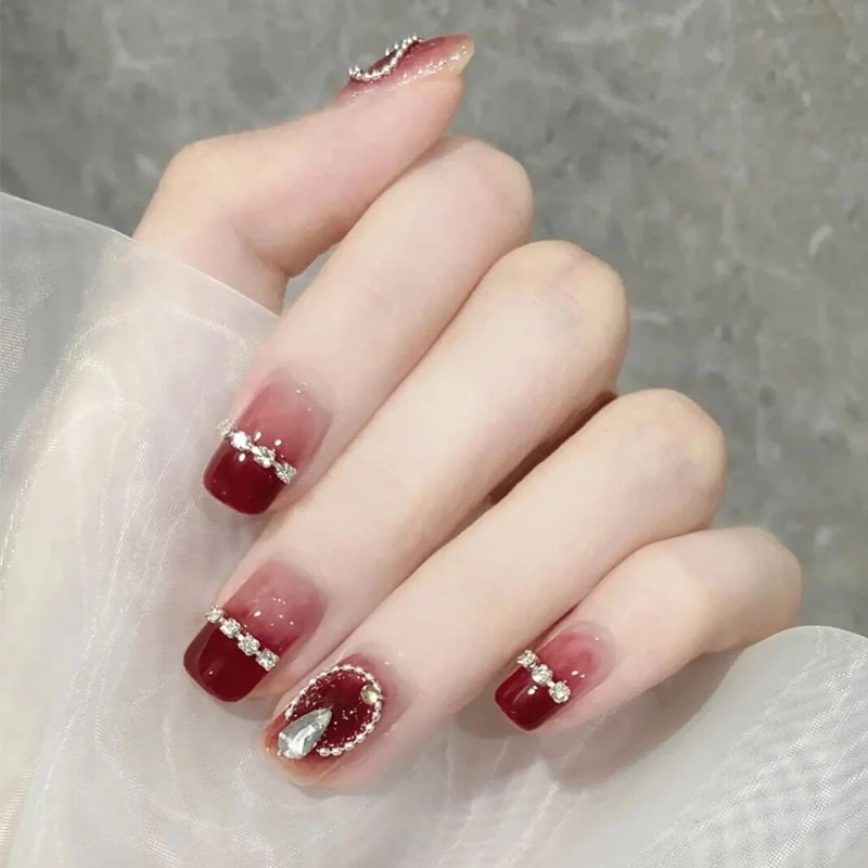 婚甲手工光疗穿戴甲酒红恋人冬季显白百搭穿戴指甲贴