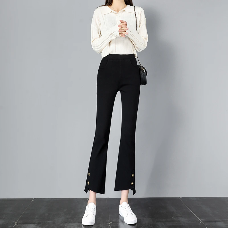 休闲时尚春秋高腰显瘦黑色休闲裤女外穿微喇叭夏季洋气开叉九分裤