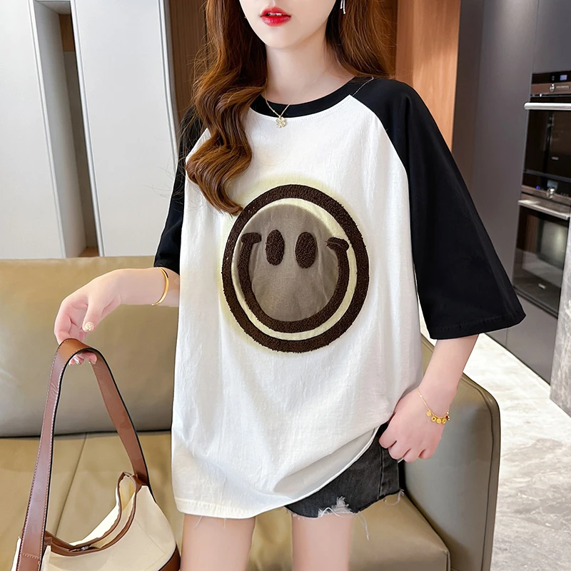 夏季百搭纯棉大码半袖宽松时尚ins中长休闲显瘦小众拼接短袖T恤女