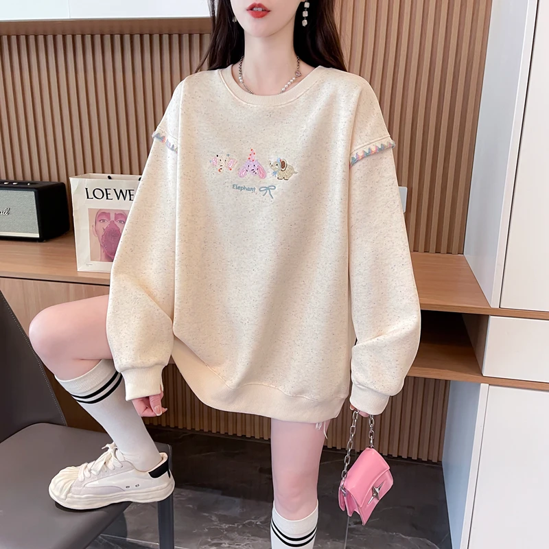 春秋季长袖卫衣女时尚百搭韩版彩点宽松中长款圆领减龄设计感上衣