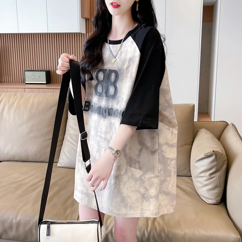 夏季大码宽松薄款显瘦休闲ins韩版中长款设计感洋气时尚短袖T恤女