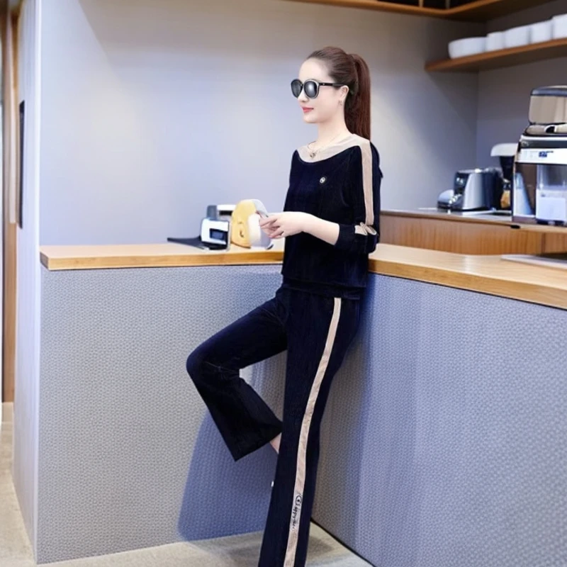 春秋季显瘦气质套装女网红洋气休闲时尚灯芯绒宽松减龄长袖两件套