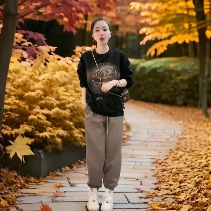 春秋季时尚宽松运动套装女百搭印花韩版圆领小个子潮搭长袖两件套