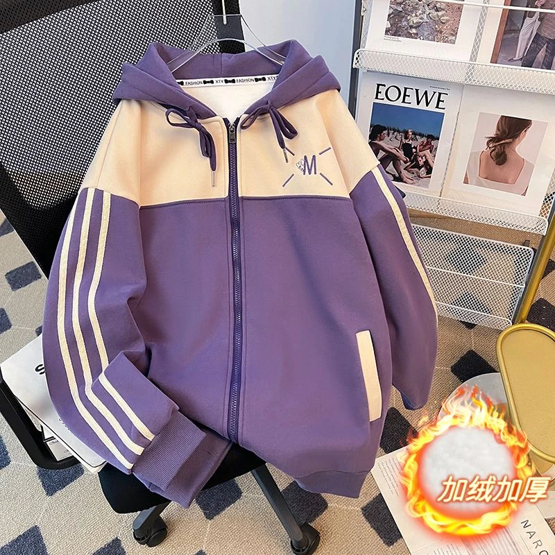 秋冬季洋气连帽卫衣女韩版学生加绒加厚休闲运动百搭宽松拼色外套