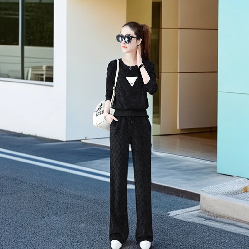 春秋季休闲小香风套装女时尚减龄宽松气质显瘦韩版拼接长袖两件套