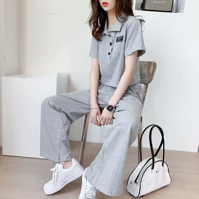 夏季套装女韩版学院风洋气休闲小个子时髦显瘦阔腿薄款宽松两件套