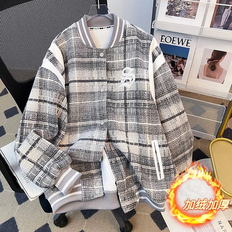 秋冬加绒加厚港风潮流卫衣女毛呢格子韩版宽松休闲小个子轻奢外套