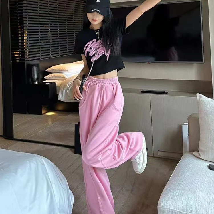 夏季高腰显瘦套装女韩版宽松时尚垂感小个子短袖直筒休闲裤两件套