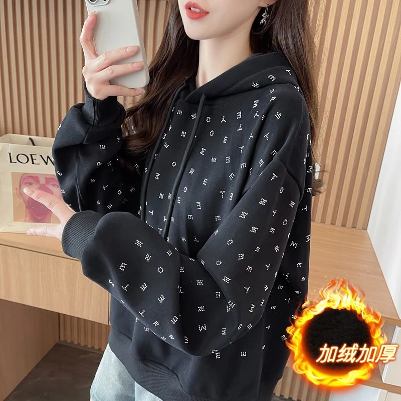 冬季韩版加绒加厚卫衣女时尚洋气大码休闲宽松显瘦长袖连帽打底衫