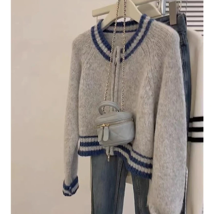 软糯灰色短款拉链针织开衫女春秋季小个子慵懒风宽松撞色毛衣外套