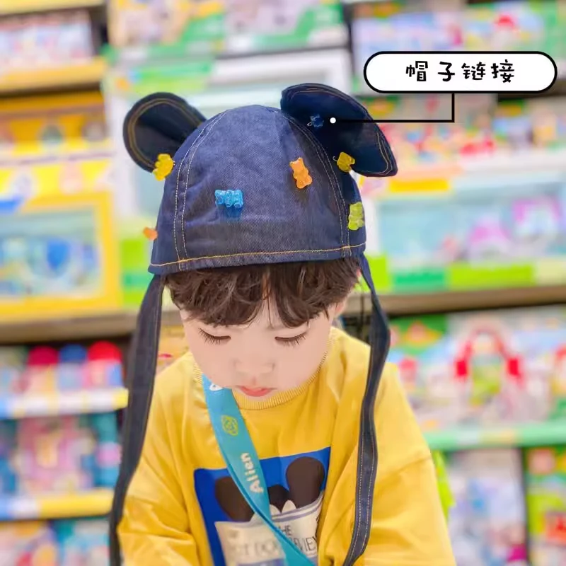 momobobi新款儿童帽子个性洋气套头帽可爱大耳朵小熊挂绳牛仔盆帽