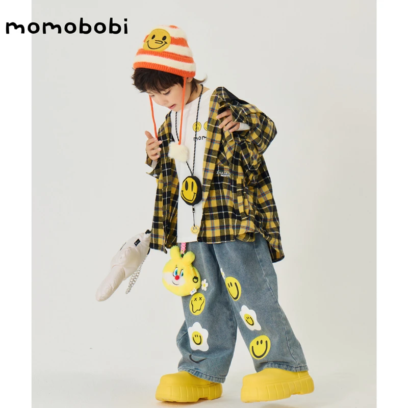 momobobi新款儿童衬衫韩版个性格子连帽开衫外套长袖百搭衬衣潮流