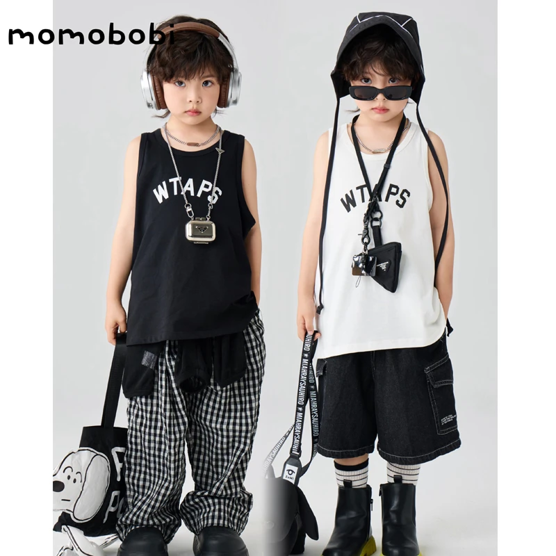 momobobi夏季新款男童背心童装夏季新款儿童字母上衣韩版洋气衣服