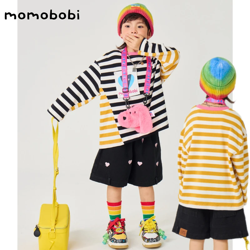 momobobi自制新款儿童T恤韩版个性条纹拼色爱心口袋百搭长袖上衣
