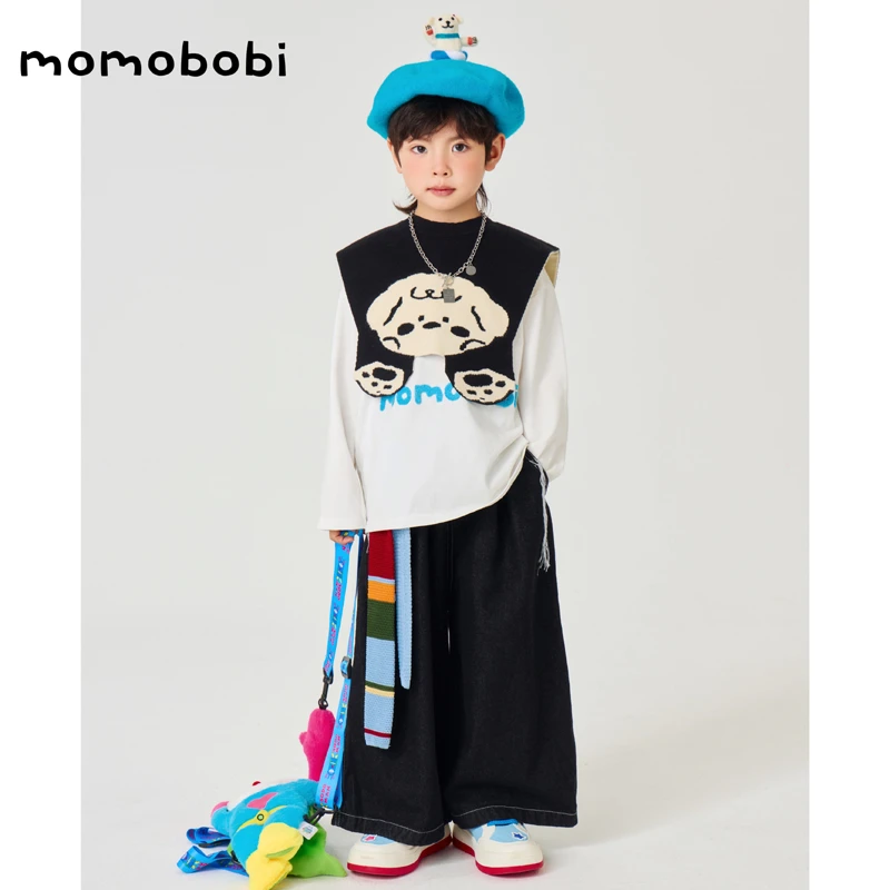 momobobi自制新款儿童套装韩版可爱卡通针织披肩植绒长袖个性上衣