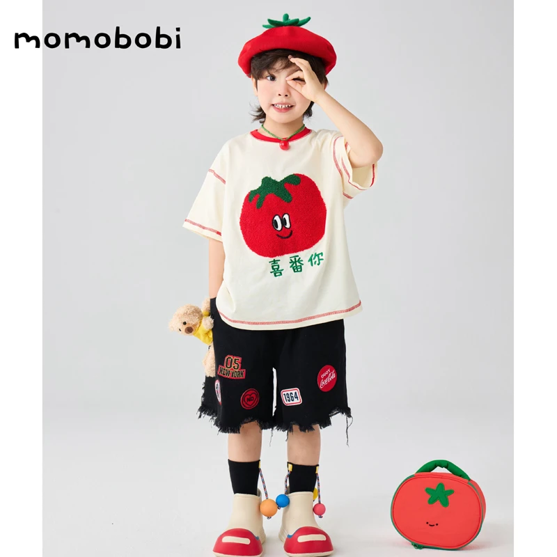 momobobi自制新款儿t恤装夏款个性植绒番茄幼儿园短袖上衣贴布