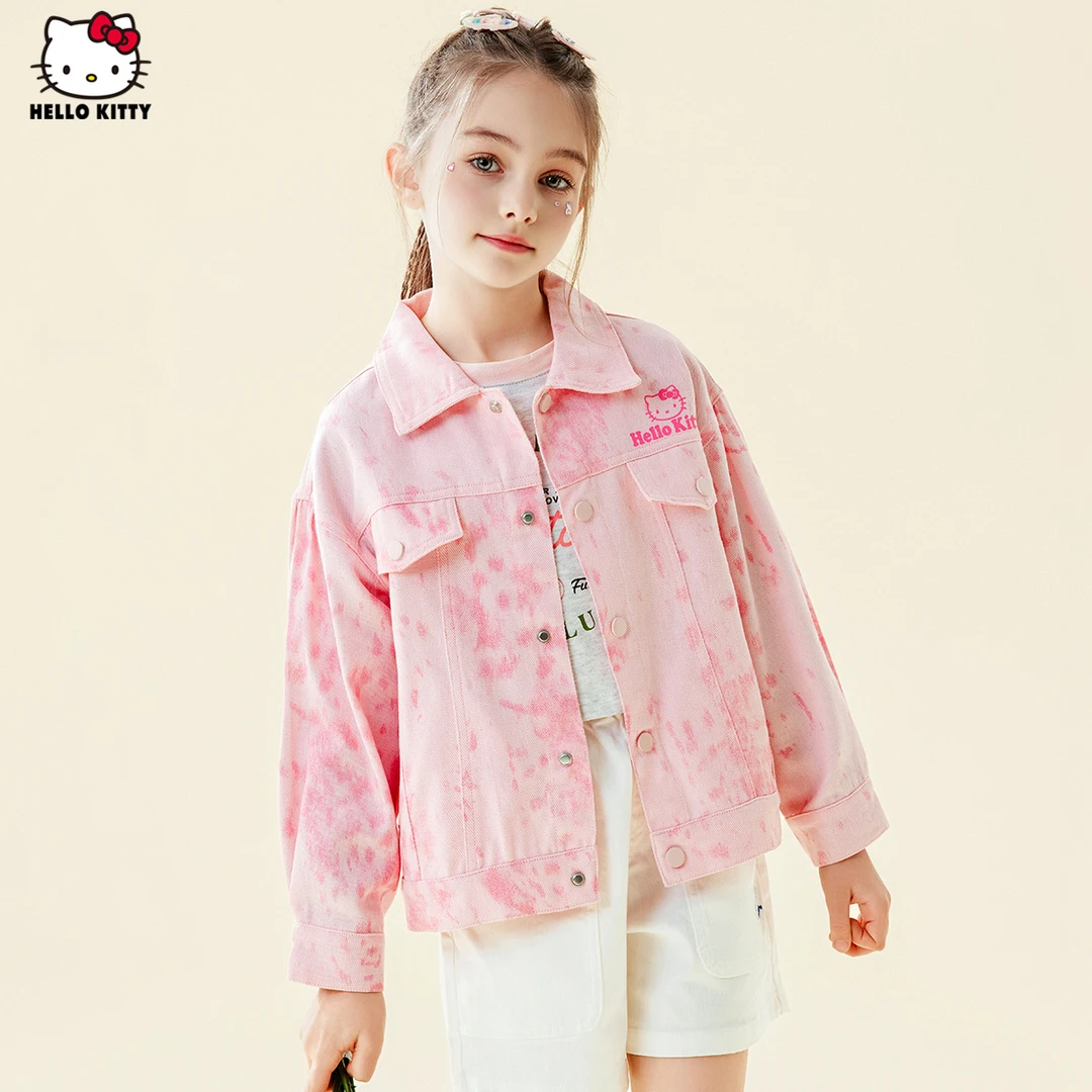 HELLO KITTY/凯蒂猫雅丹风春秋新款外套中大童甜美扎染牛仔外套潮