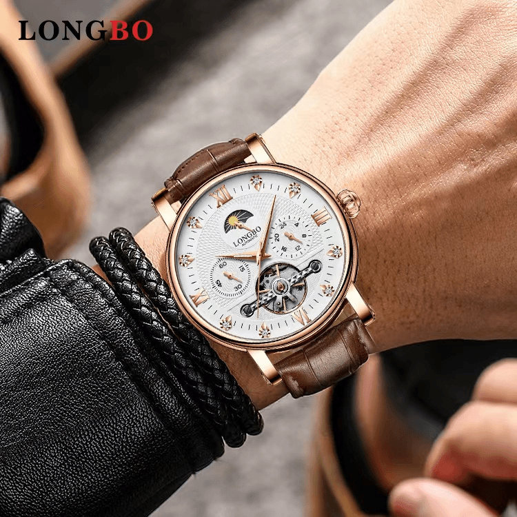 LONGBO/龙波男士高档日月星辰多功能全自动夜光真皮防水机械表