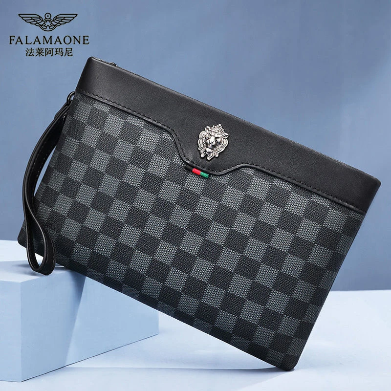 法莱阿玛尼格子手拿包复古男包复古男士真皮大容量时尚简约信封包