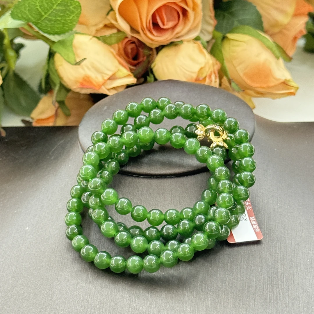 俄罗斯碧玉108颗无矿点卡6±阳绿苹果绿和田玉妈妈和田碧玉珠串