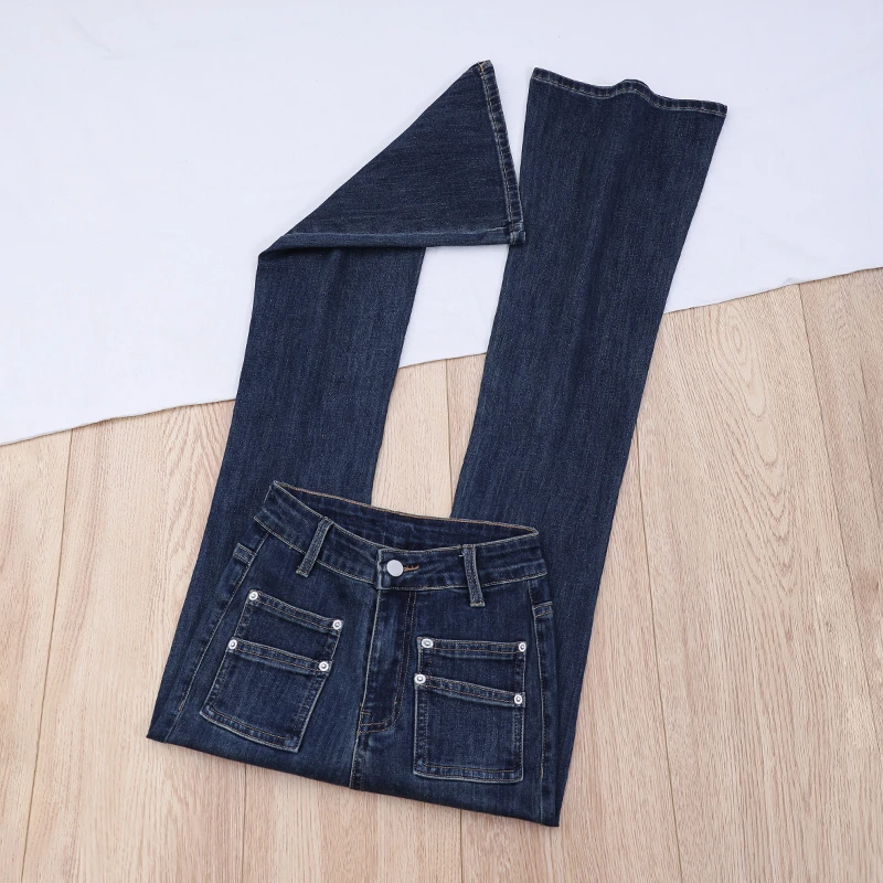 艾格蓝灰色高腰喇叭牛仔裤女2024秋冬弹力修身显瘦锁边马蹄拖地裤