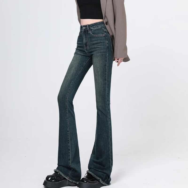 Etam/艾格2024秋季新款复古高腰显瘦时尚百搭微喇叭拖地牛仔裤女