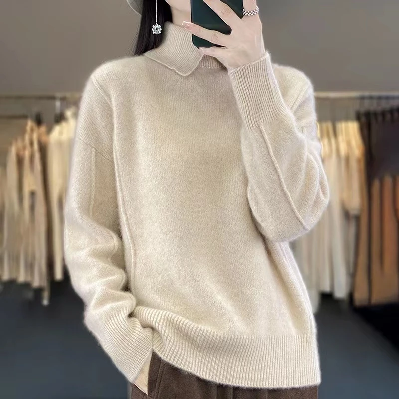 【100%纯羊毛】翻领开叉慵懒宽松加厚套头毛衣显瘦打底衫NS-3240