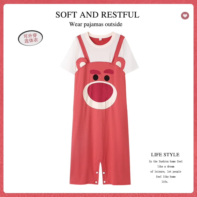 夏季草莓熊短袖睡裙可爱网红风史迪仔睡衣女加大码可外穿家居服
