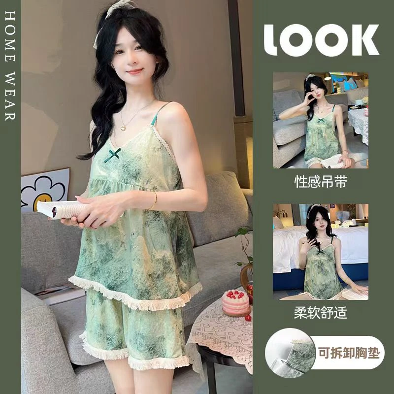 国风新中式清冷水墨画吊带睡衣女夏季带胸垫舒适可外穿家居服套装