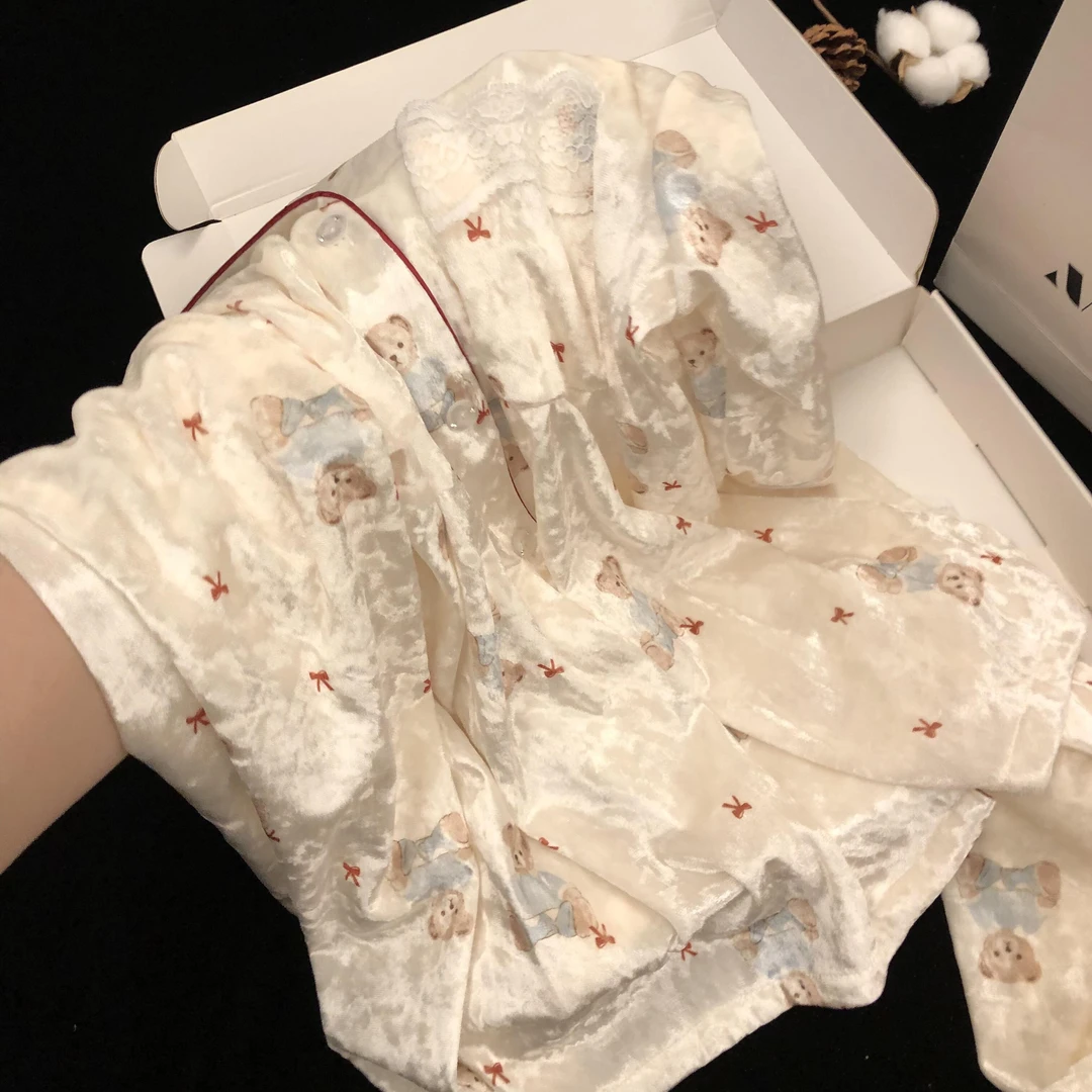 可爱小熊印花高级金丝绒睡衣女冬季2025新款秋冬长袖长裤居家套装