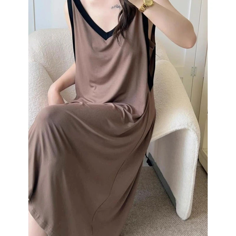 可外穿莫代尔睡裙宽松夏季薄款无袖V领中长款大码咖色背心家居服