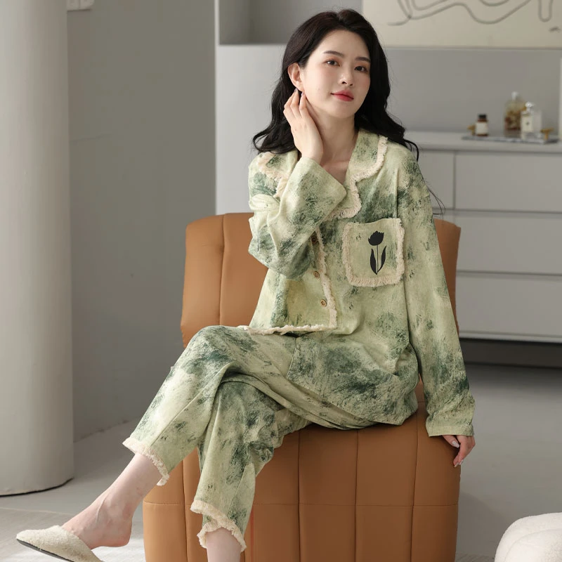 2025年春秋季新款清冷感水墨画睡衣女士长袖开衫家居服可外穿套装