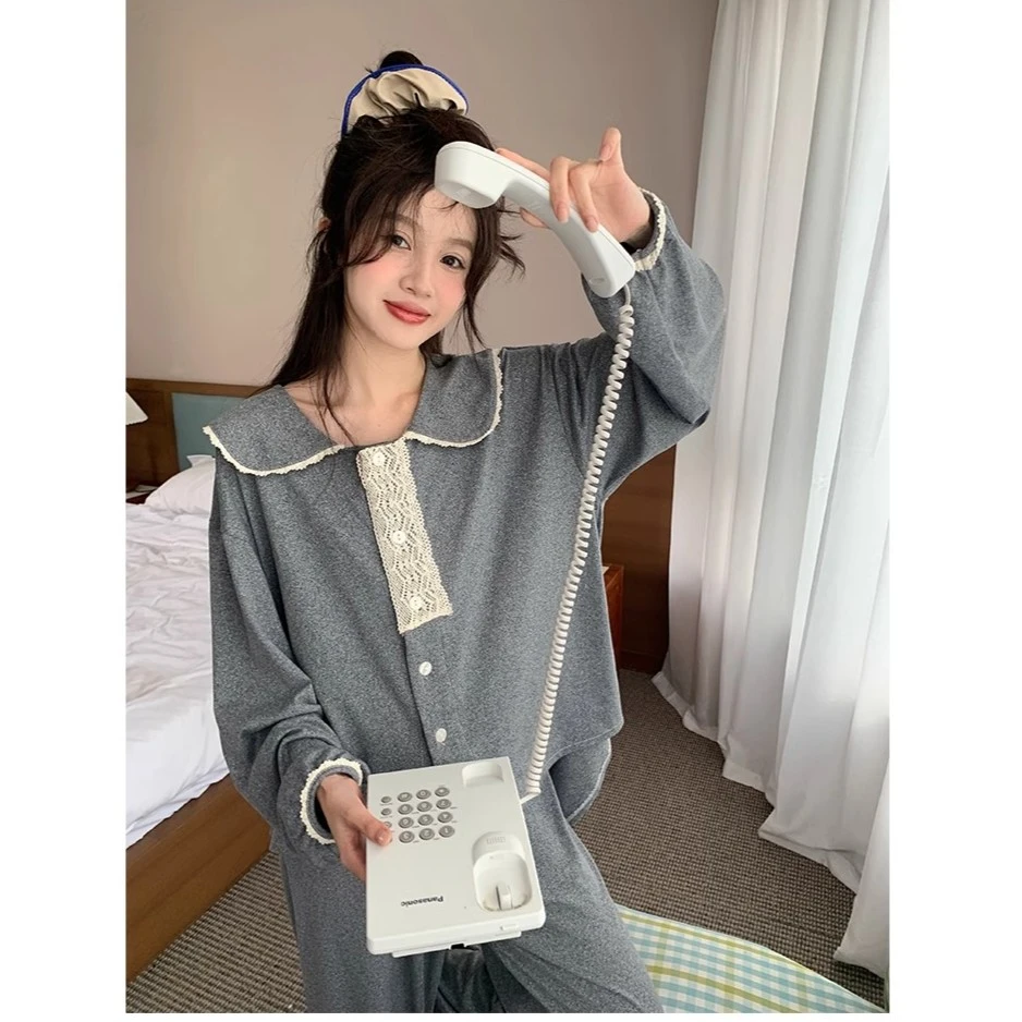 【定制】薄款娃娃领甜美长袖睡衣套装女春秋宽松家居服可外穿棉绒