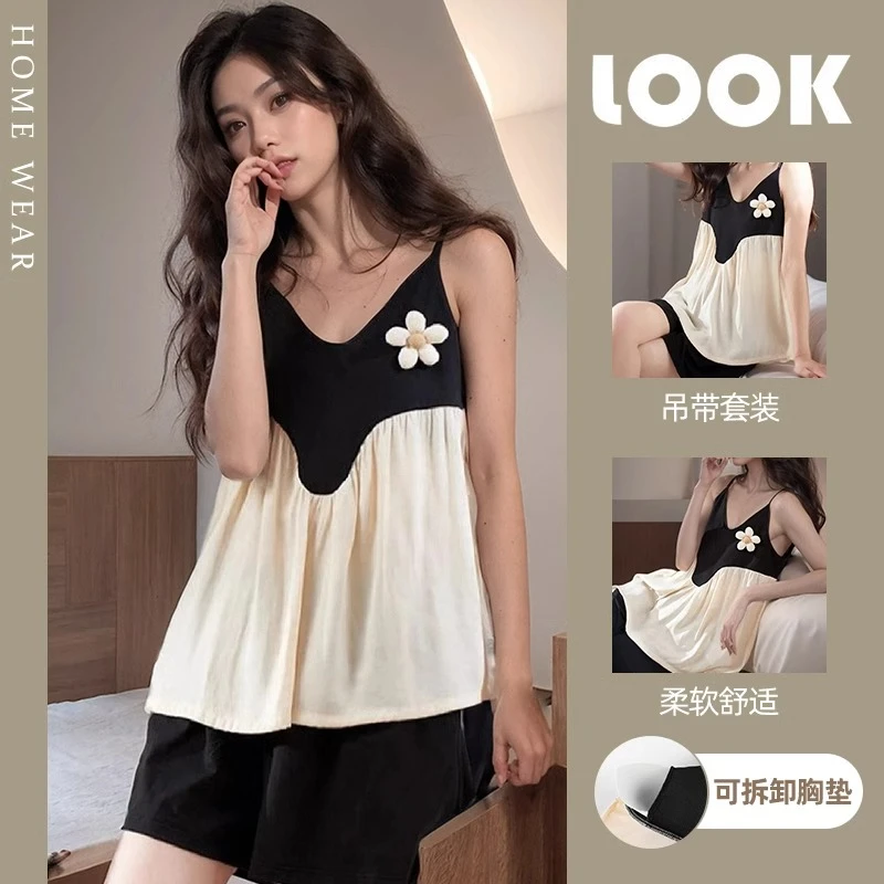 韩系甜美花朵睡衣女士带胸垫高级感吊带短裤夏天可外穿家居服套装