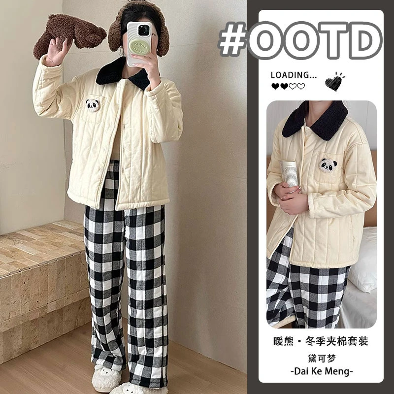 暖熊·冬季三层夹棉套装秋冬款加厚珊瑚绒睡衣女可外穿家居服省服