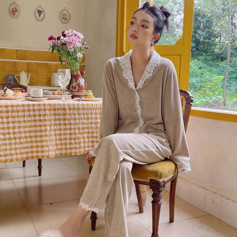 【定制】美拉德长袖睡衣女士德绒法式蕾丝领高级感套装可外穿家居服