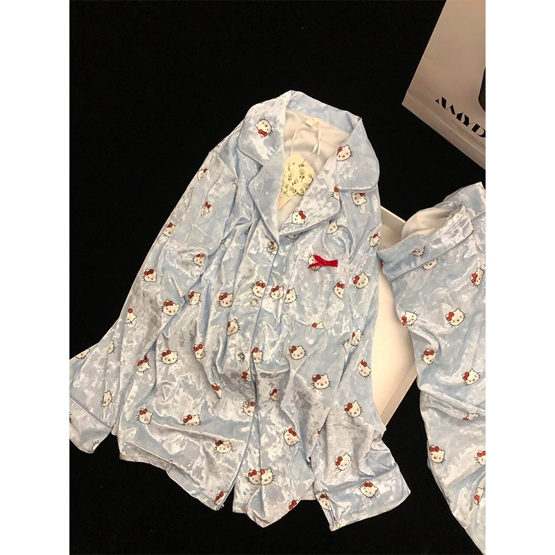 奶里奶气钻蓝温柔少女睡衣女套装秋冬季金钻绒保暖搭子家居服套装