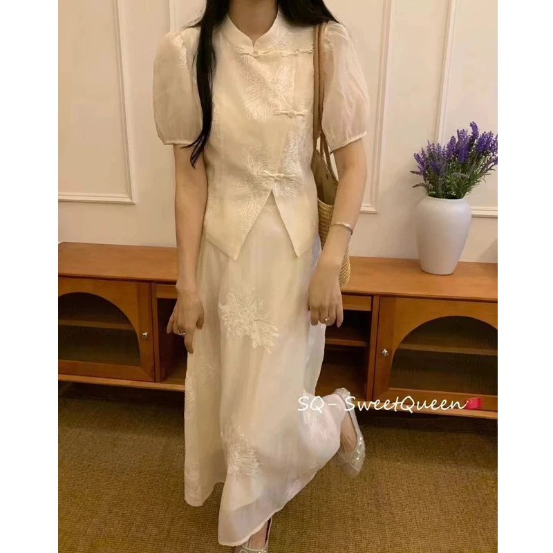 【24040】新中式立领刺绣提花盘扣短袖上衣+半身裙套装