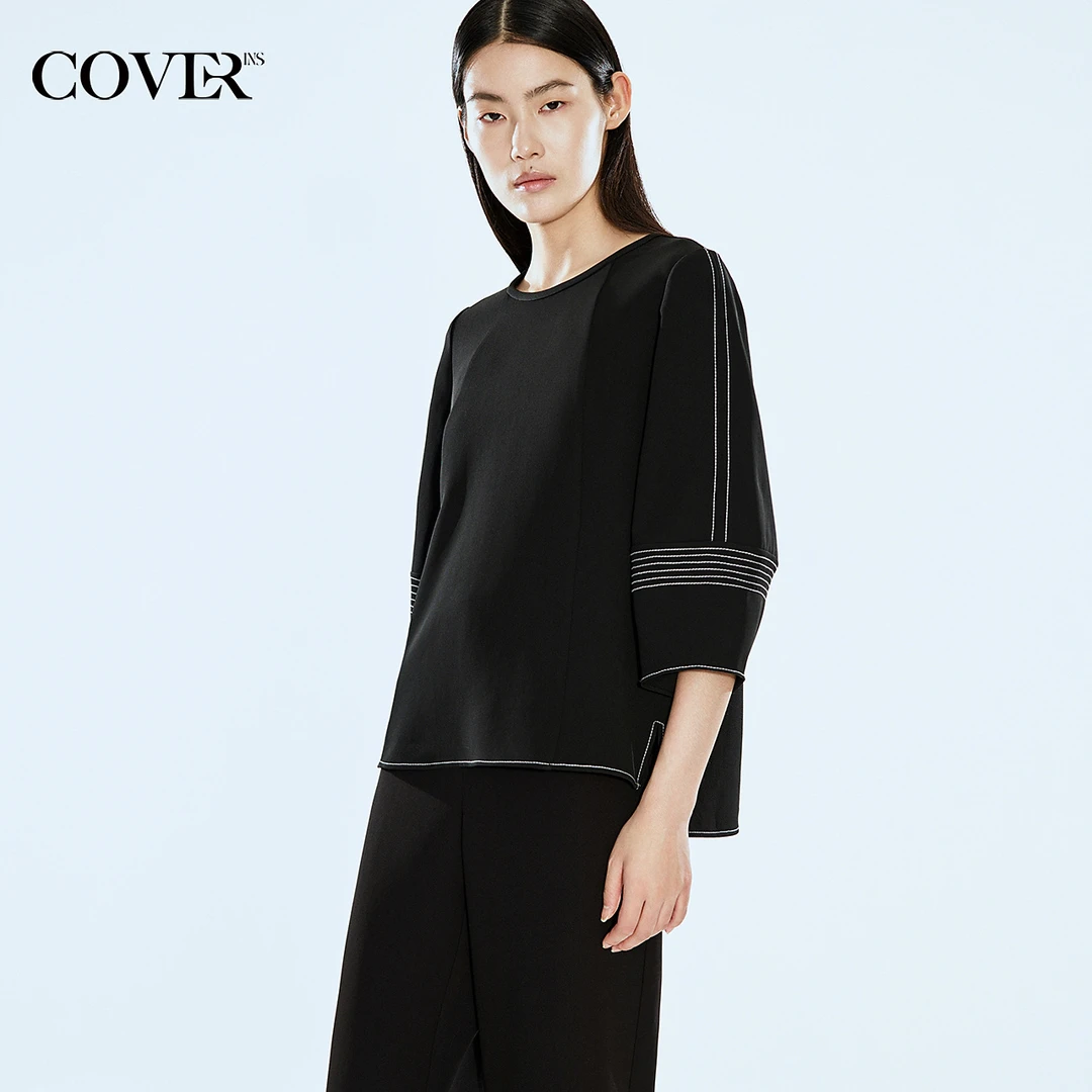 COVERINS夏季宽松五分袖撞色绗线醋酸上衣