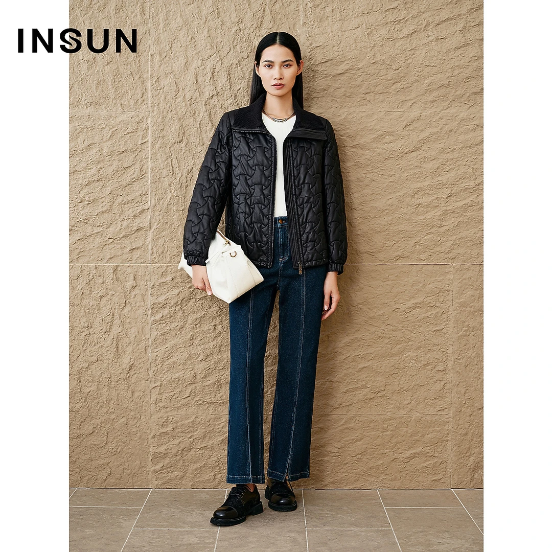 INSUN恩裳专选冬季几何绗缝绵羊皮骆驼绒棉服