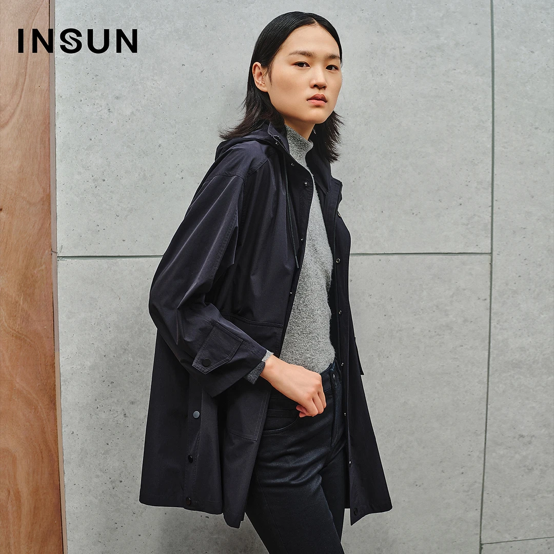 INSUN恩裳格雷系一手长轻薄风衣连帽外套