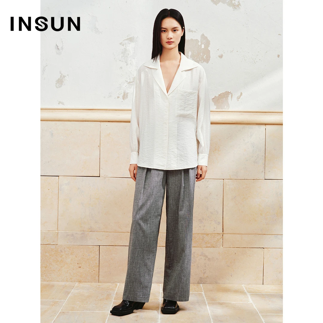 [一秒入夏]INSUN恩裳夏装古巴领泡泡肌理桑蚕丝白衬衫