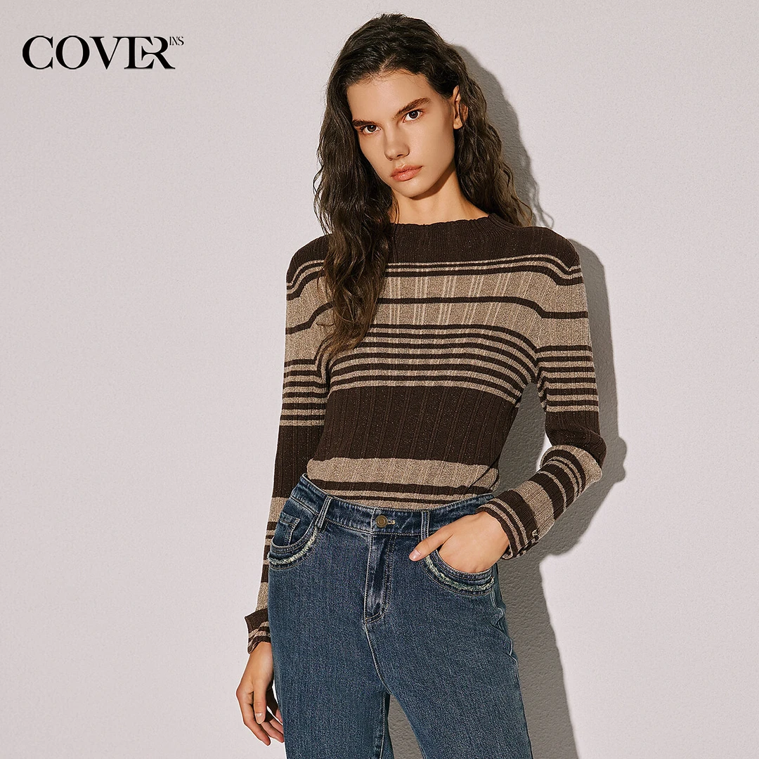 COVERINS冬季撞色条纹羊毛混纺针织衫