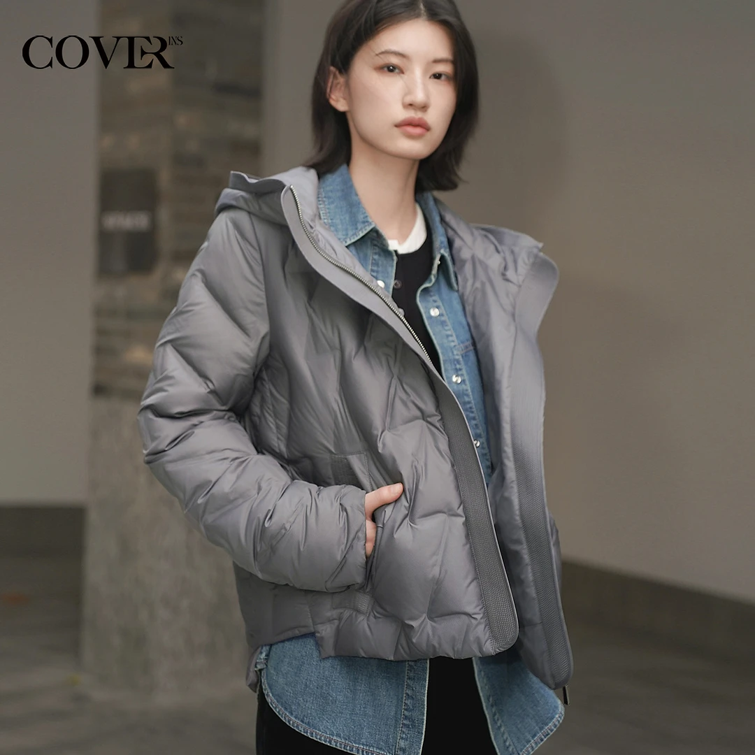 COVERINS2024冬季绗线连帽短款白鹅绒羽绒服