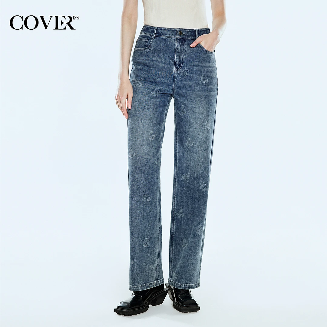 COVERINS复古洗水蝴蝶印花直筒牛仔裤