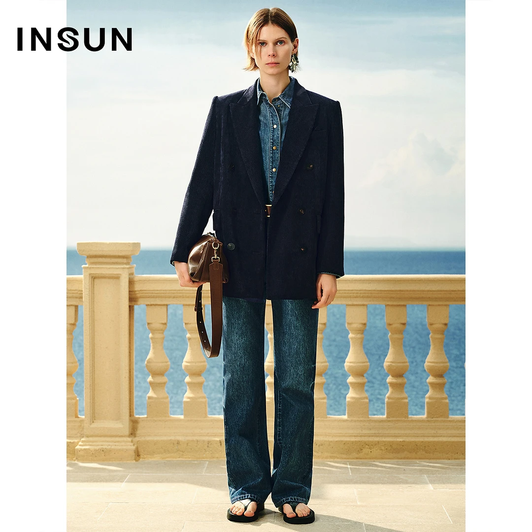 INSUN恩裳春老钱风气质宽肩廓形感灯芯绒西装
